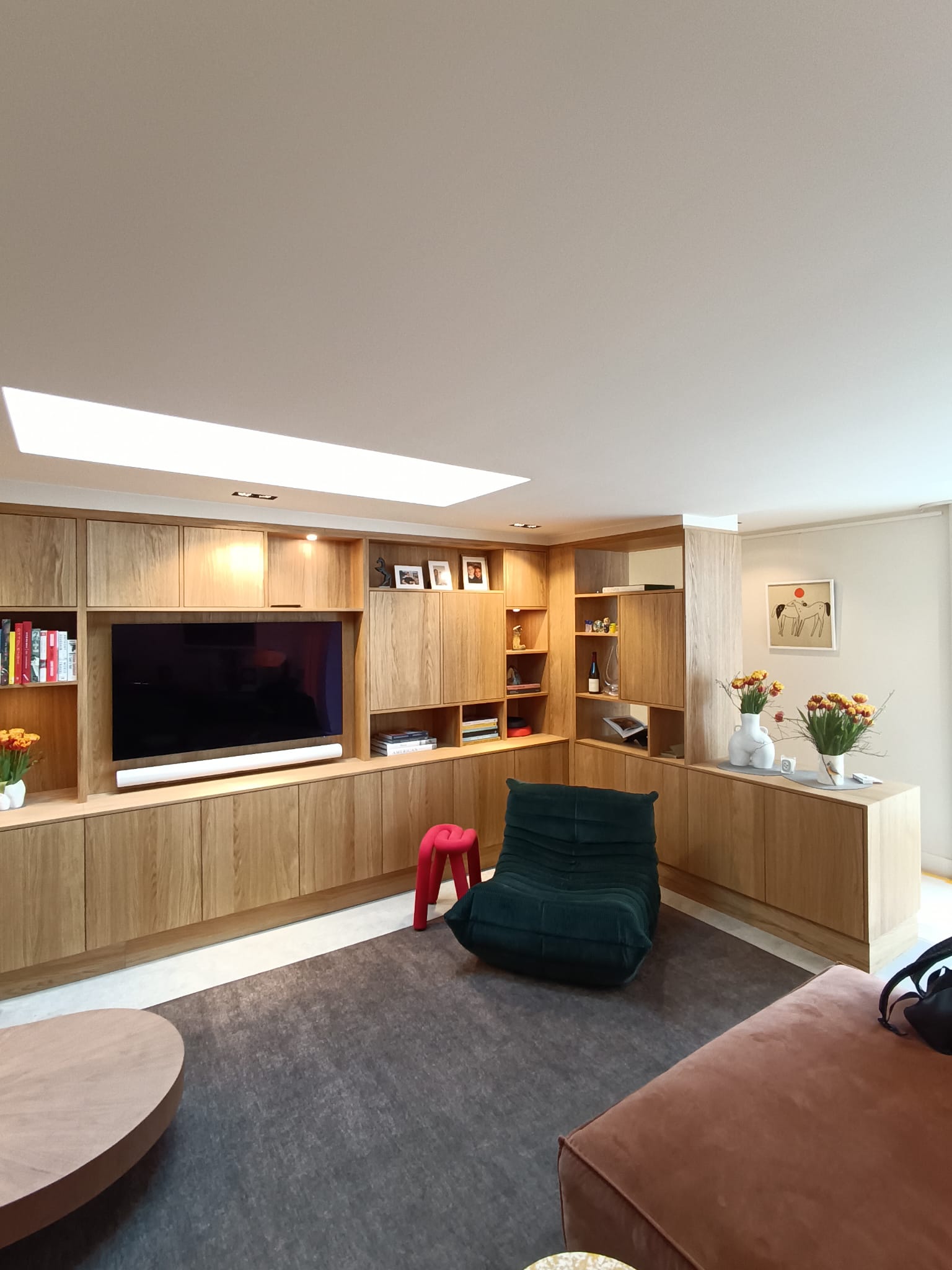 Custom oak TV cabinet center view