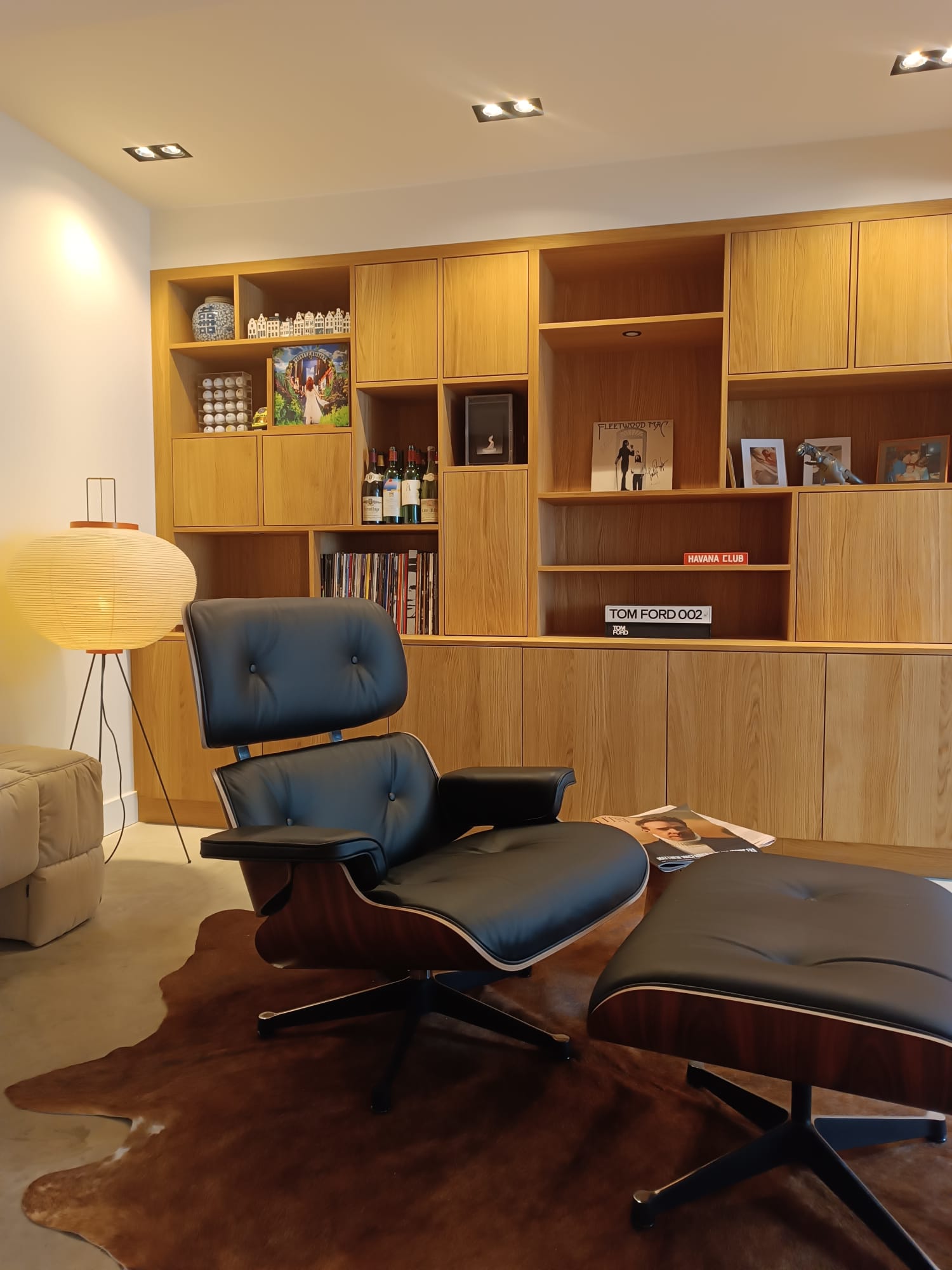 Custom oak TV and library cabinet right section view